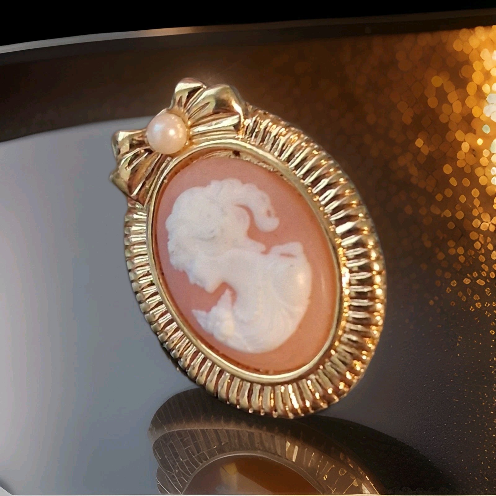 Vintage Cameo Brooch Gold Tone Oval Portrait Pin with Faux Pearl Bow Accent
