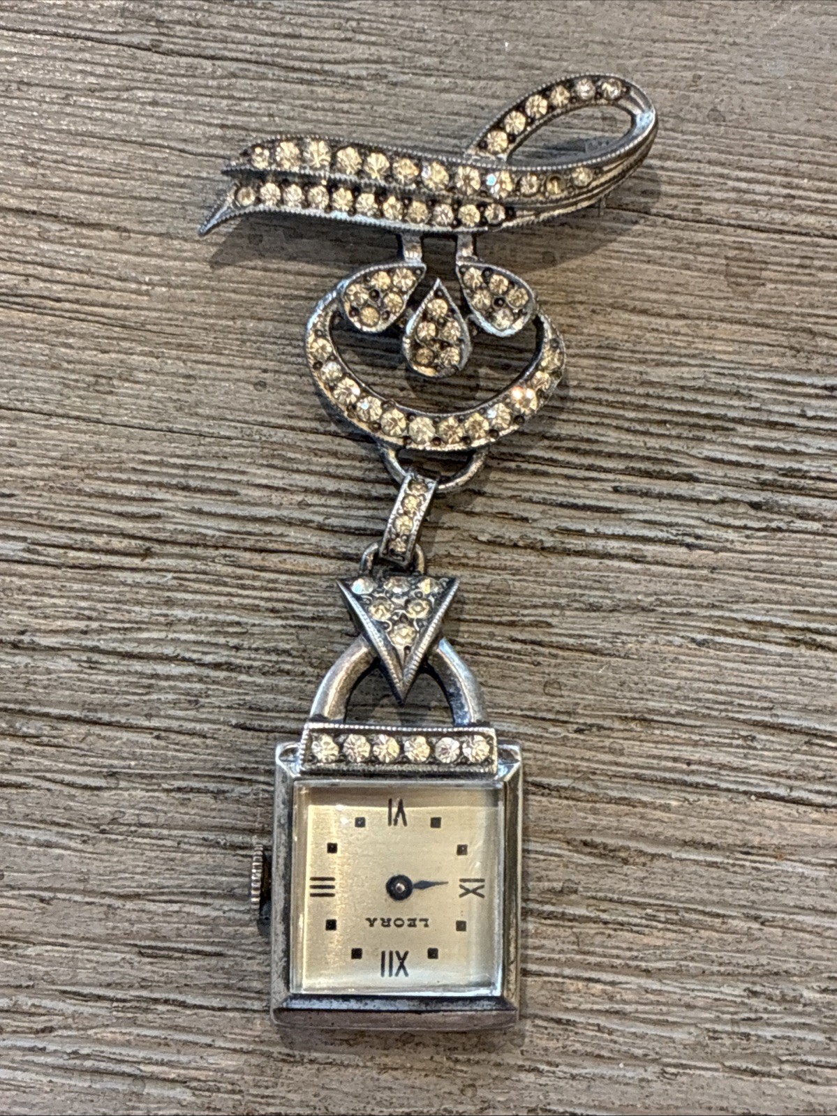 Vtg Leora Art Deco Sterling Watch Brooch Paste Clear Rhinestones – Not Working