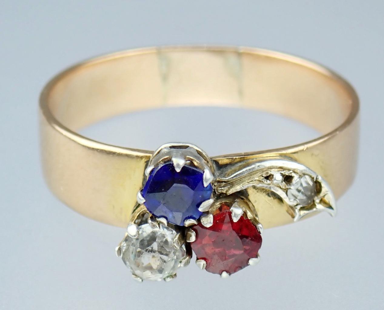 Charming Antique Victorian 14K Rose Gold Red White Blue Paste Floral Ring Size 8