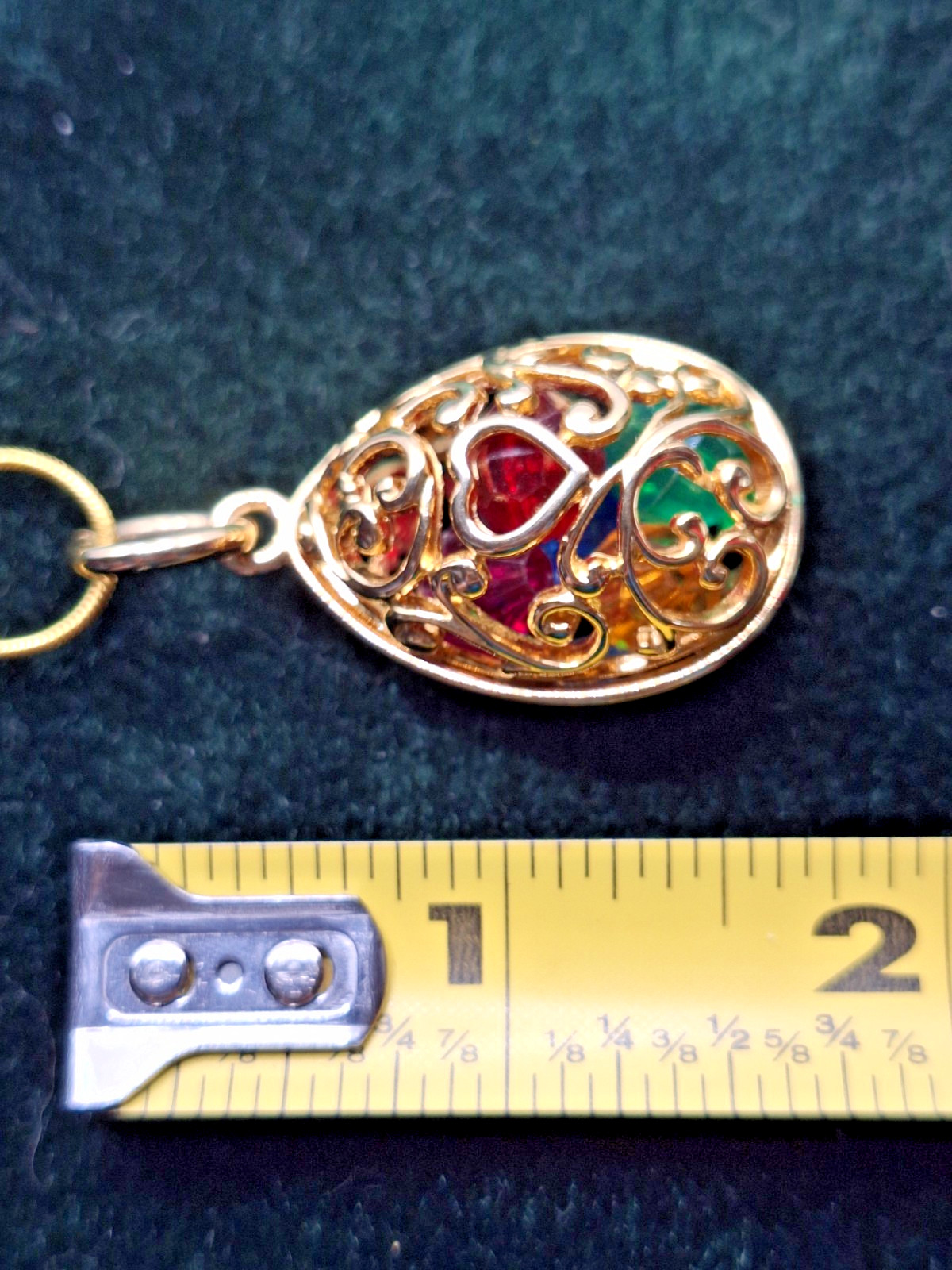 Vtg Joan Rivers Multicolor Crystal Gold-tone Filligree Egg Pendant 18KGP Chain