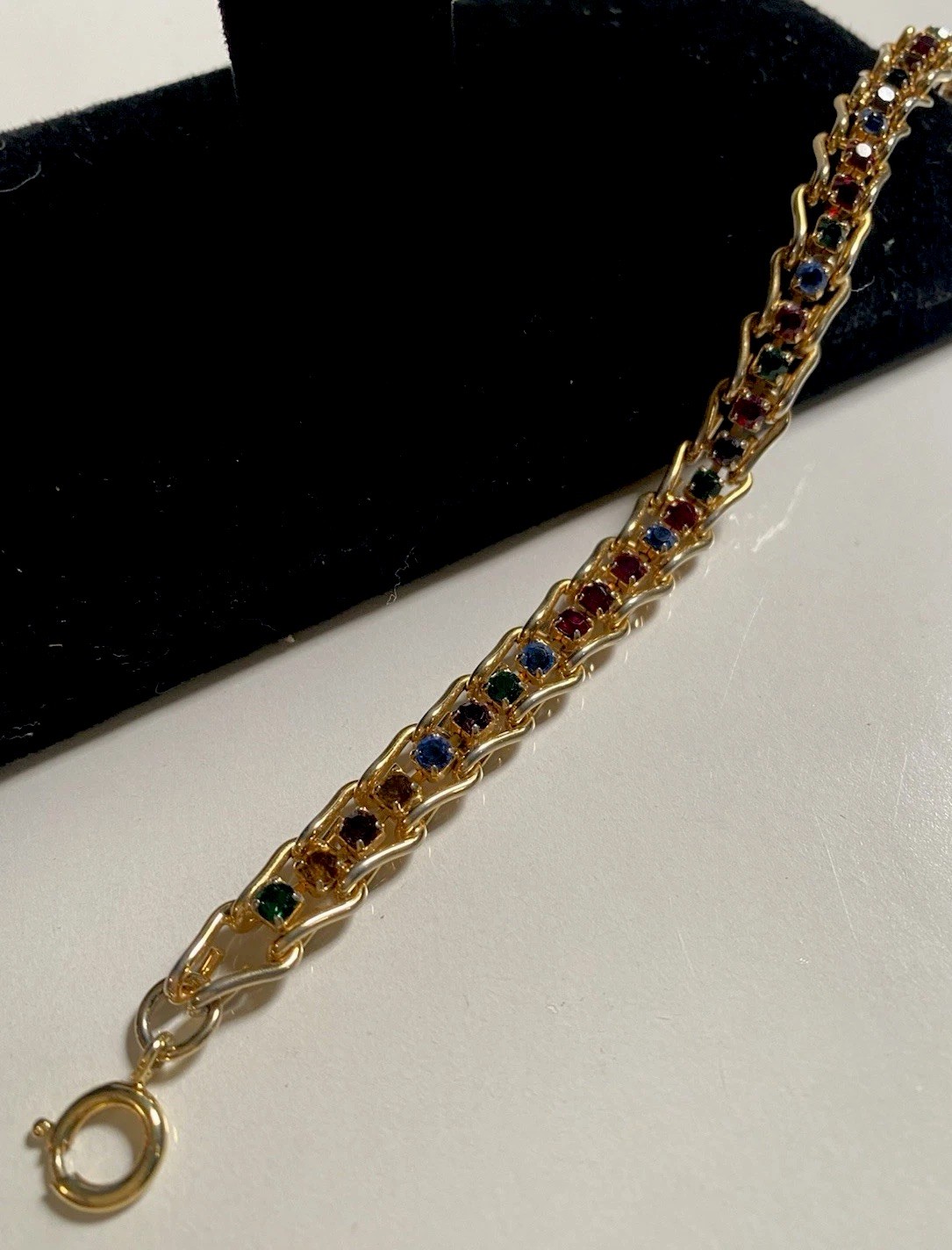 Vintage Triple Chain Prong Set Glass Gems Bracelet, Flat Bracelet Layered Set