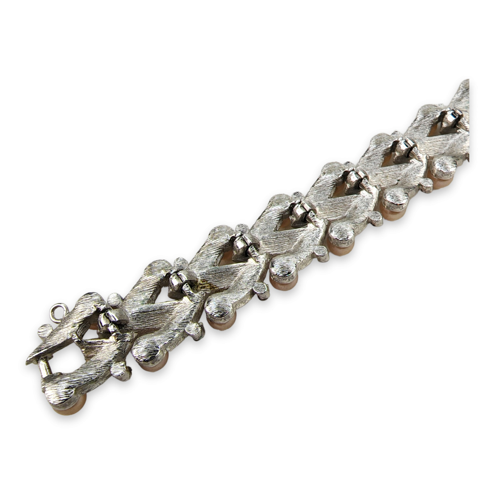 Vintage Trifari Silver Tone Clear Rhinestone Faux Pearl Links Bracelet 7.25 In