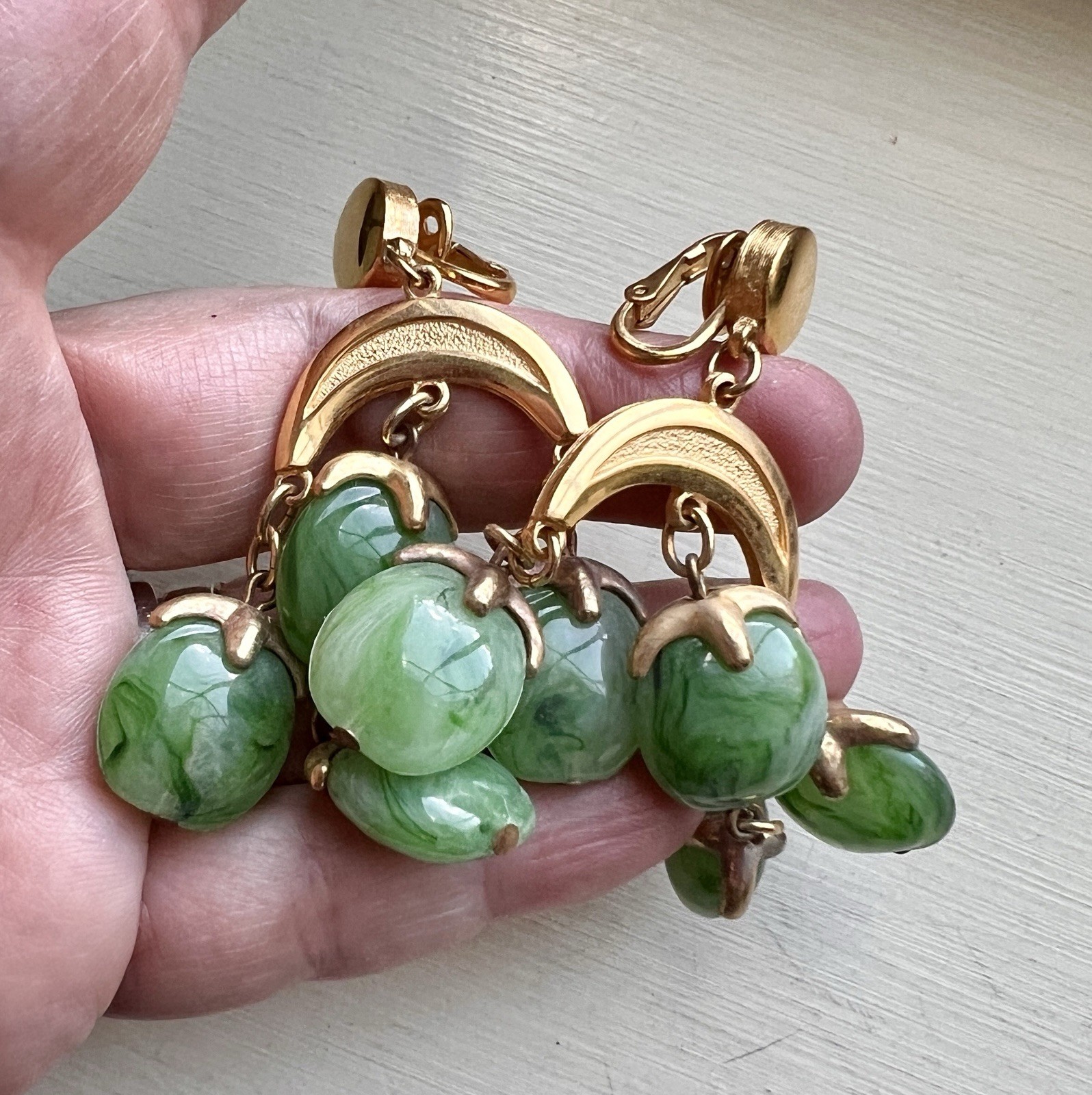 Vintage Crown Trifari Waterfall Faux Jade Lucite Gold Tone Dangle Clip Earrings