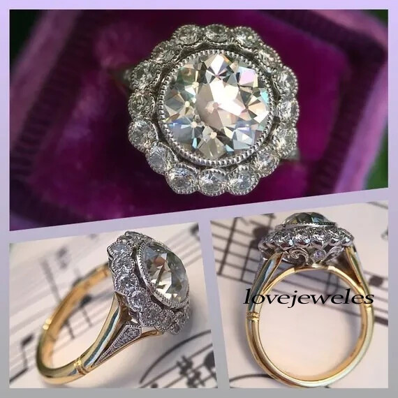 Round Cut 3CT Real Moissanite 14K 2-Tone Gold Over Vintage Art Deco Flower Ring