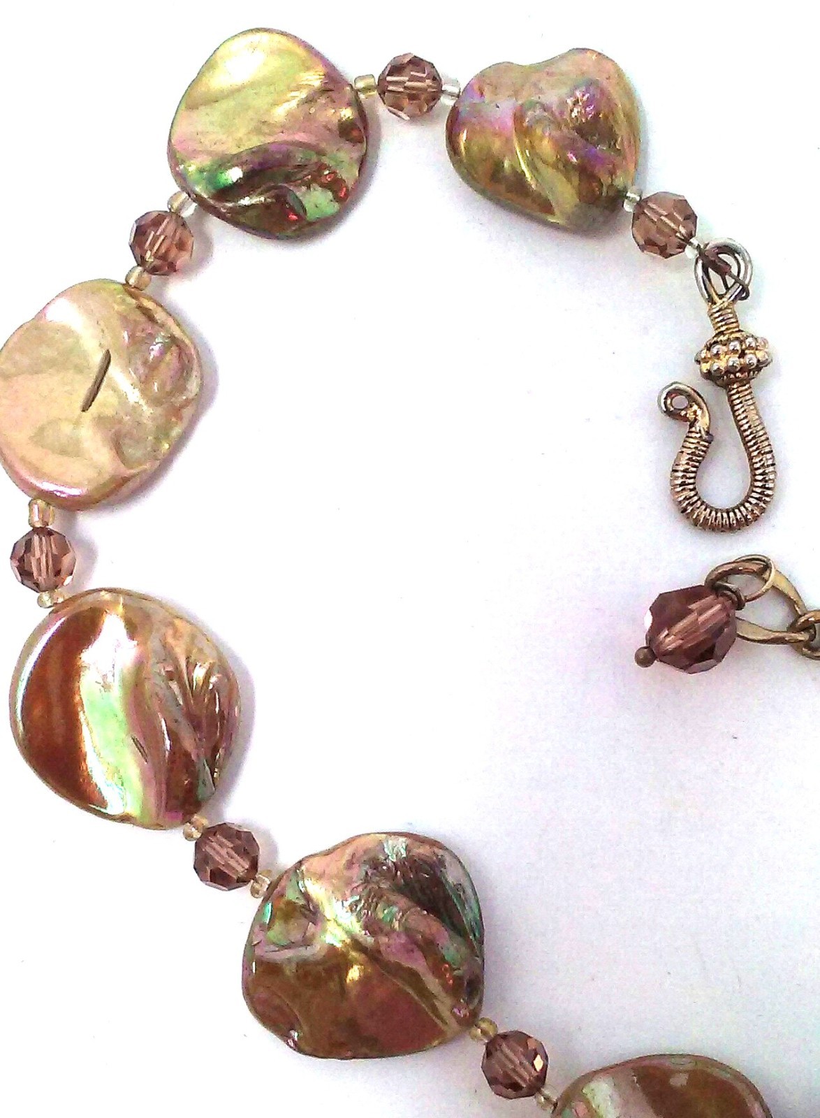 Vtg Golden Brown Dyed Mother of Pearl Boho Choker Necklace with Topaz Crystals