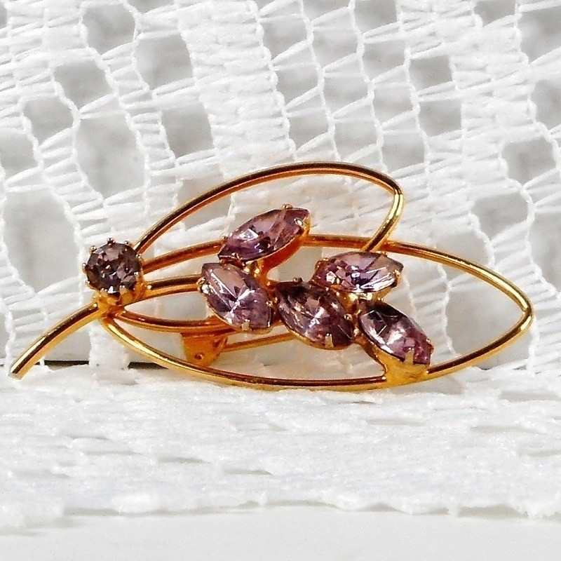 Vintage Gold Tone Leaf Brooch Pin with Purple Rhinestones 1980s Gift for Her