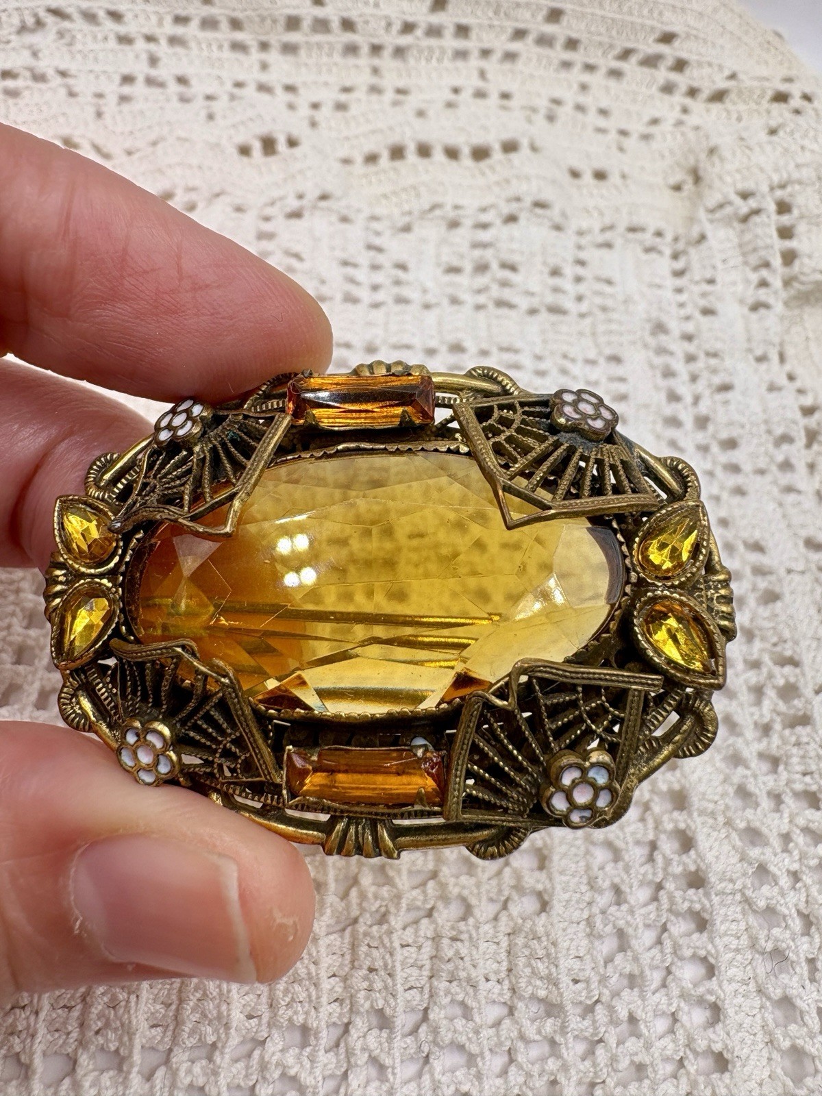Vintage Turn Of Century Czech Topaz Rhinestone Enamel Brass Filigree Brooch