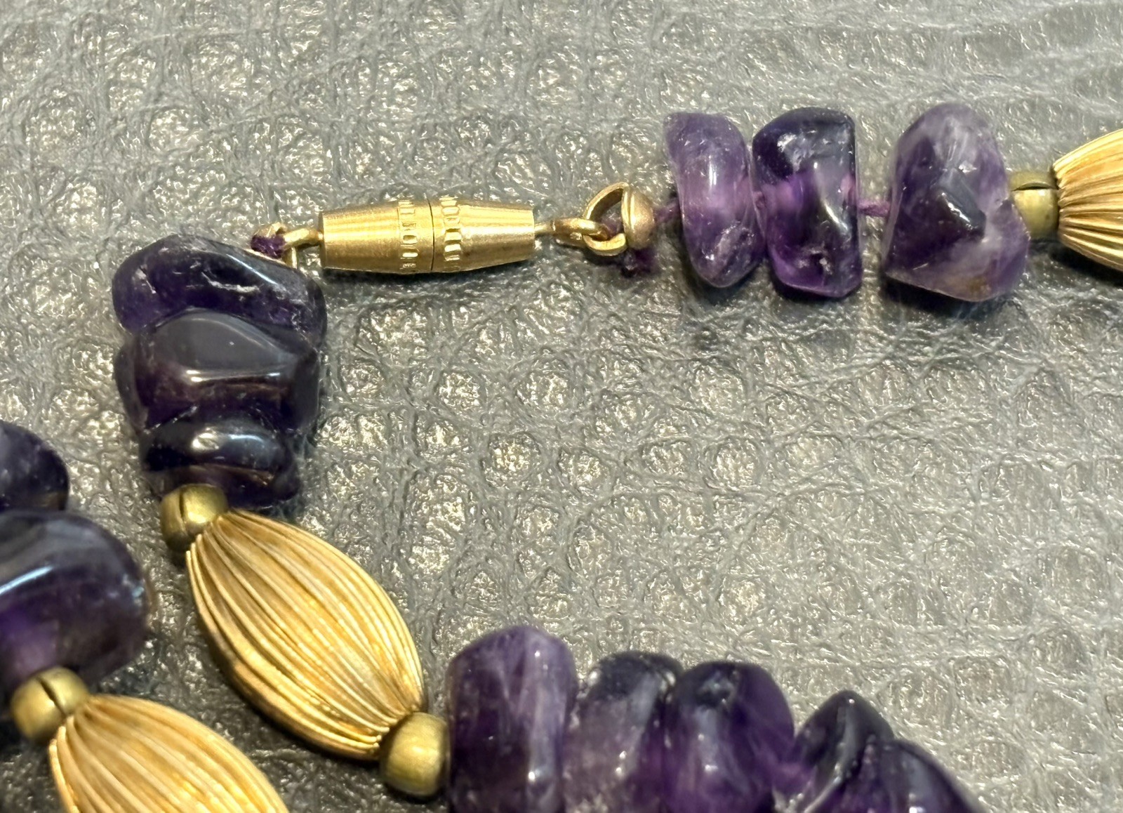 Genuine Dark Purple Amethyst Nugget Beaded Vintage Gold Tone Chunky Necklace 24”