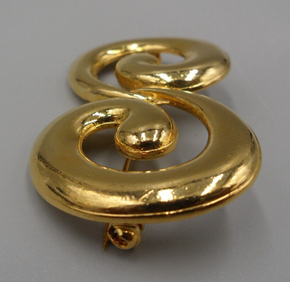 Vintage Swirl Brooch Opposing Ocean Waves Gold Tone Modern Art Beach Theme Mint