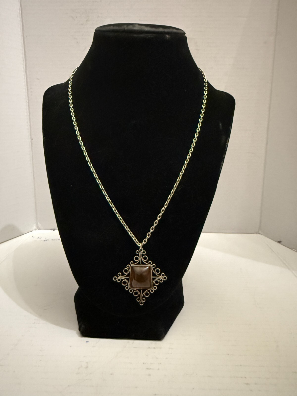 Vintage Baltic Amber Filigree Pendant Silver Tone Necklace