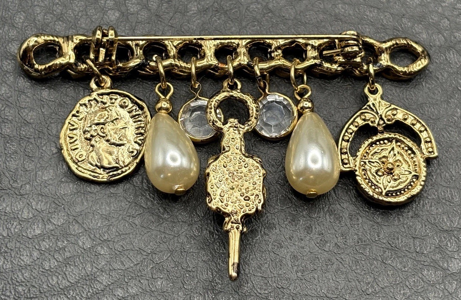 Vintage Gold Tone Charm Brooch Pearl Crystal Stations Coin Medallion Dangles