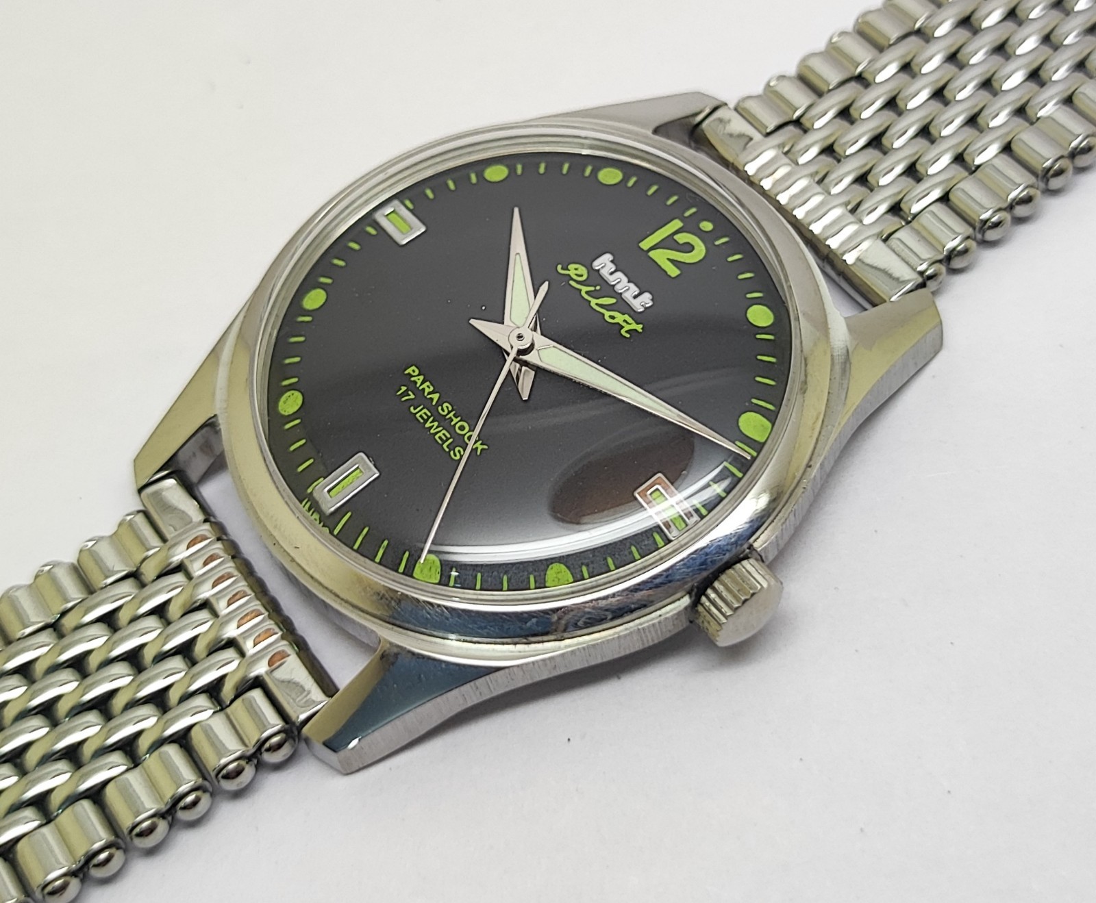 HMT Pilot Mechanical Hand Wound Green Lume Dial 17 Jewels Para Shock Vintage