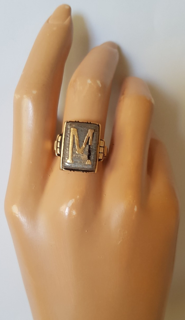 Antique Vintage Solid 14K Gold Hematite? Monogram Signet Ring For Repair 10.9gms