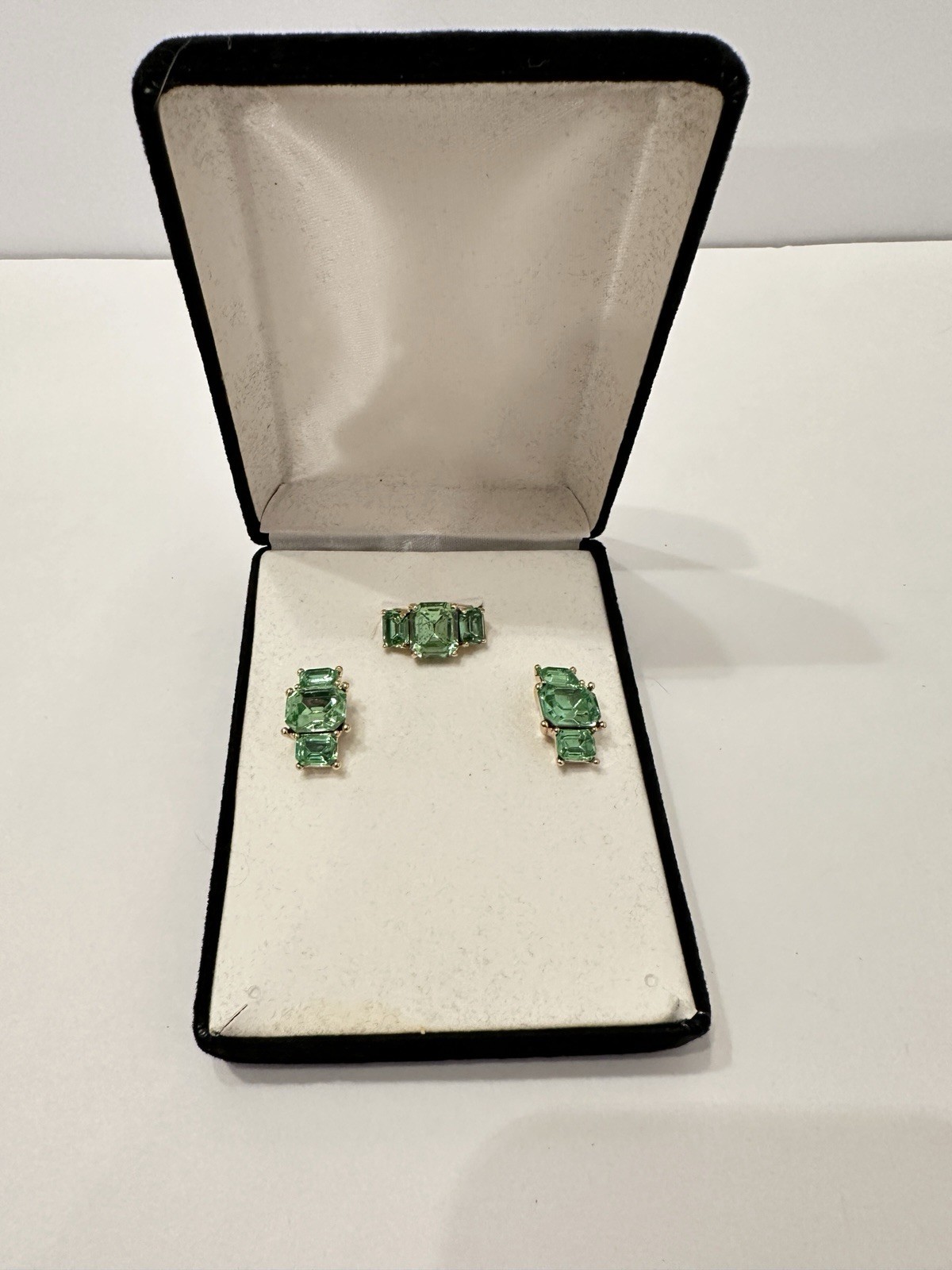 Vintage Gold Plated Green Crystal Ring and Earring Set