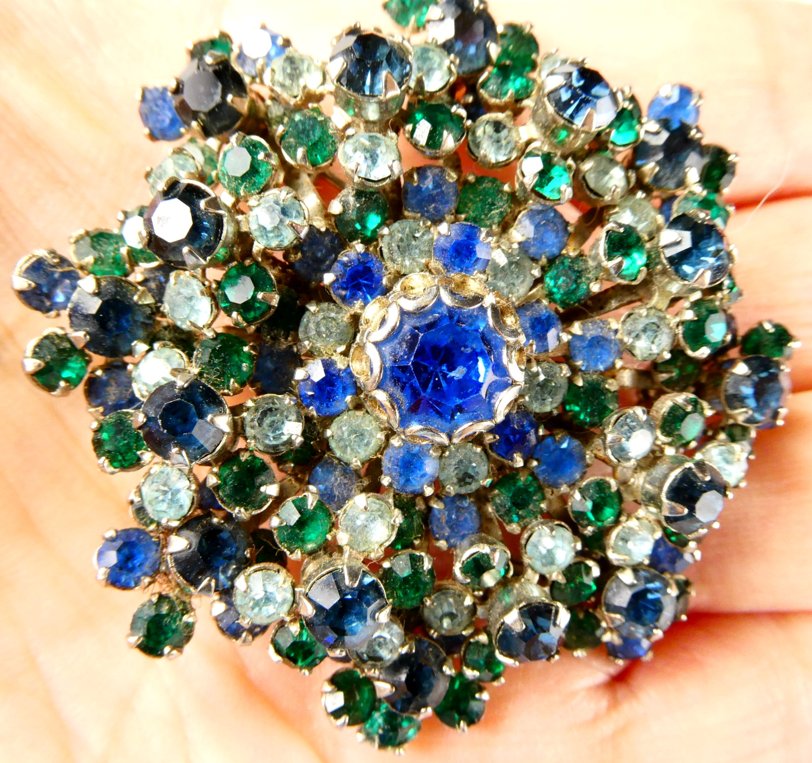 Vintage Blue & Green Rhinestone Pin Brooch Pave Crystals Designer Quality Beauty
