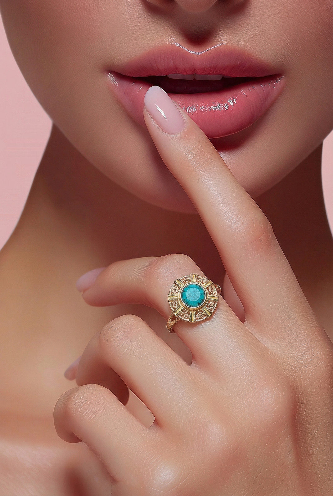 BEAUTIFUL Vintage Art Deco Yellow and Rose gold Blue Zircon Ring size 6.25