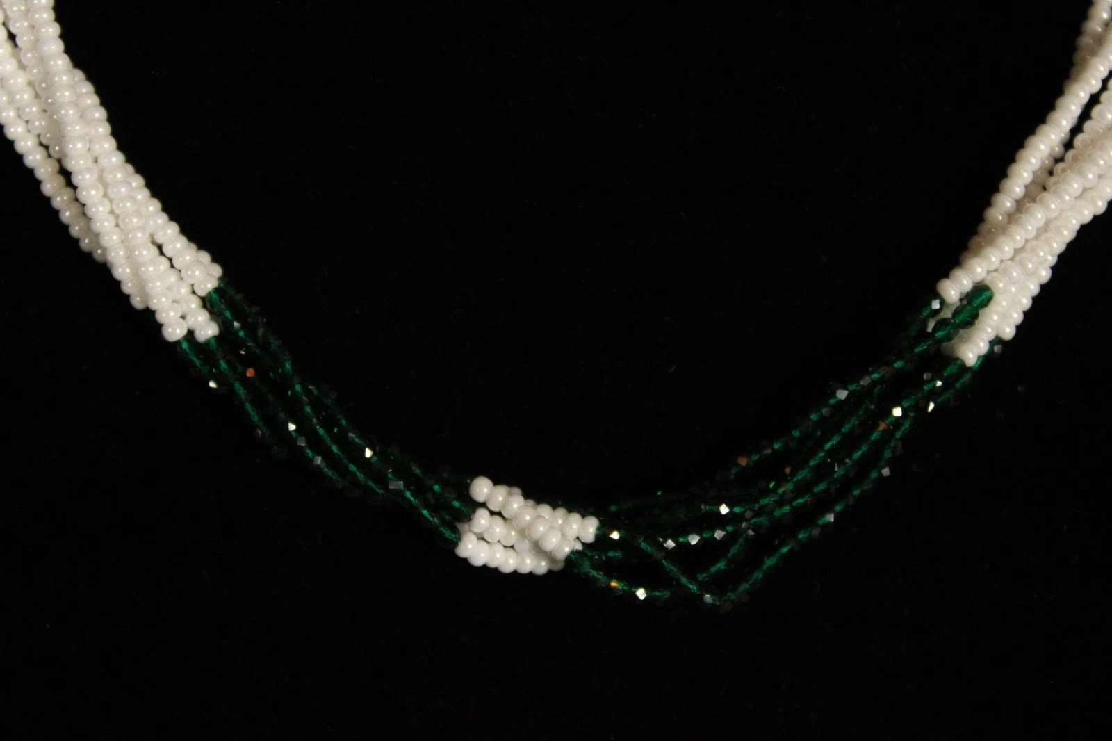 Green White 22″ 6 Strand Tiny Seed Bead Beaded Shimmering Necklace Handmade
