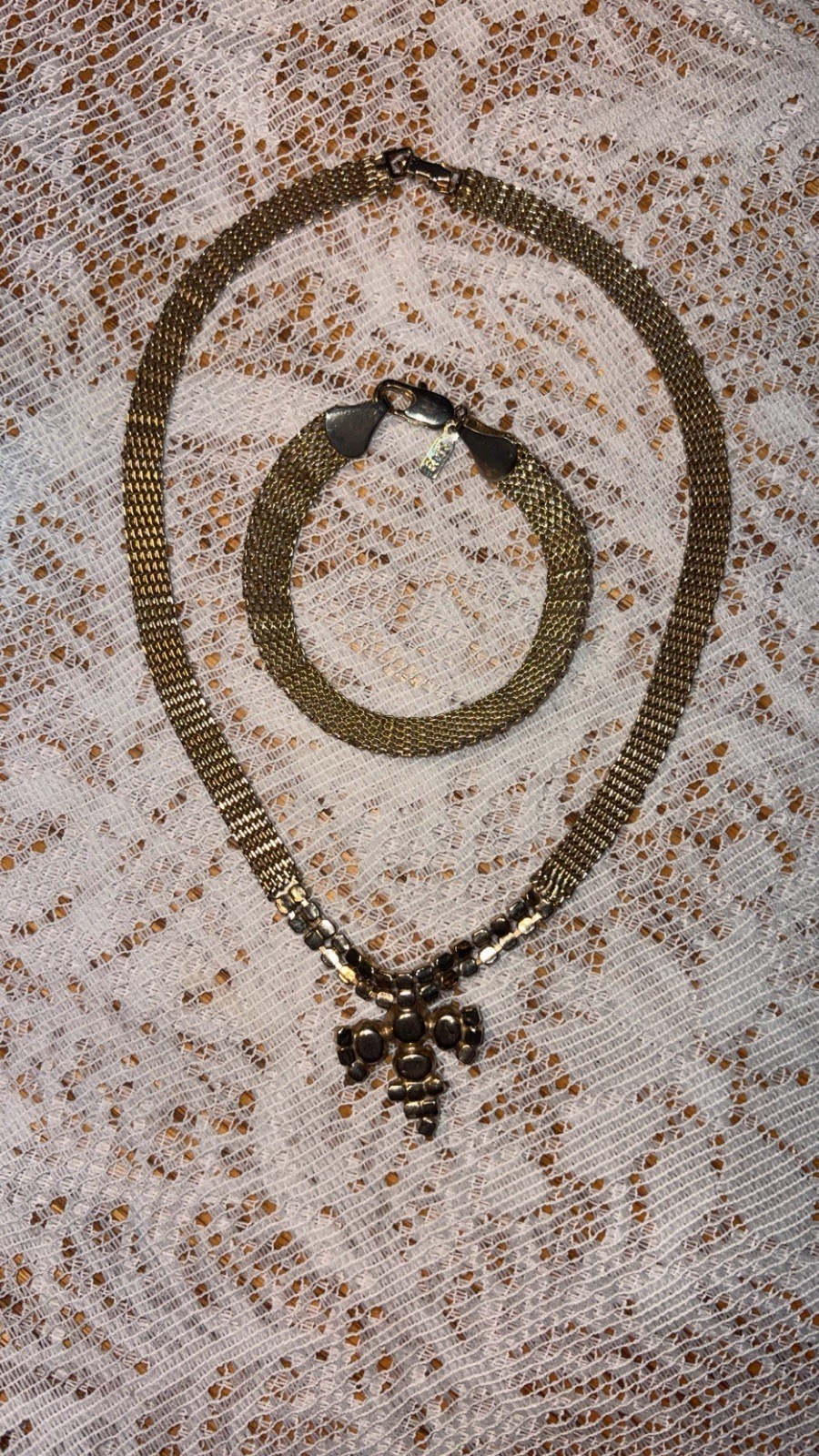 Vtg 1950s 24kGB Gold Bonded Mesh Choker Necklace Bracelet Set Pink Cabochon MCM