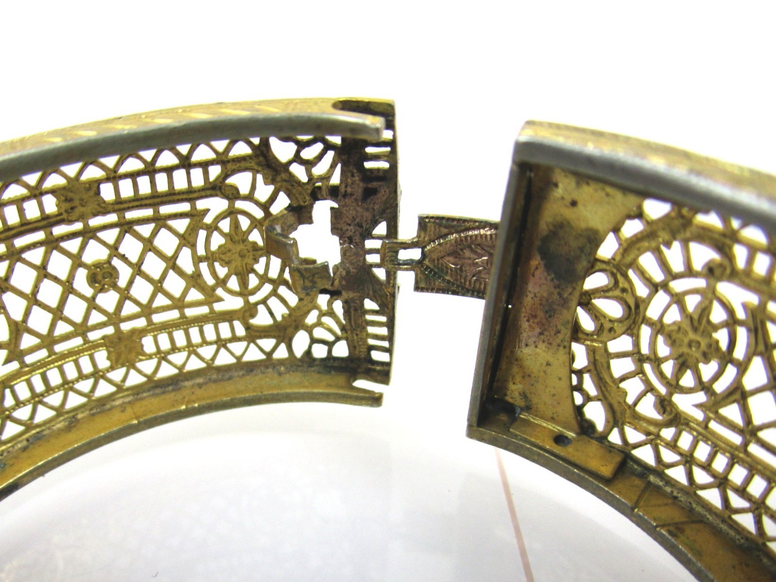 Antique Art Deco Gold Plated Filigree Bangle Bracelet Blue Stone ENW Elgin Watch