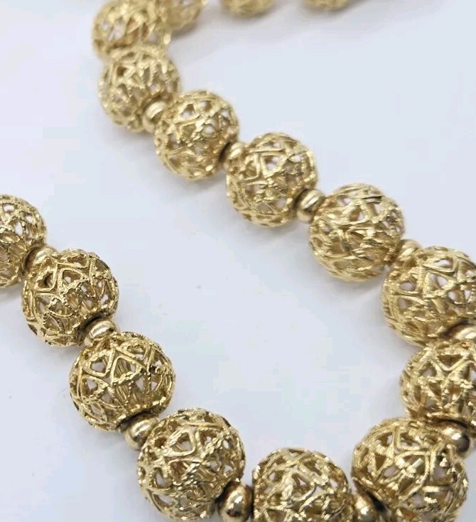 Vintage MONET Necklace Gold Tone Filigree Ball Art Deco Long 25 in