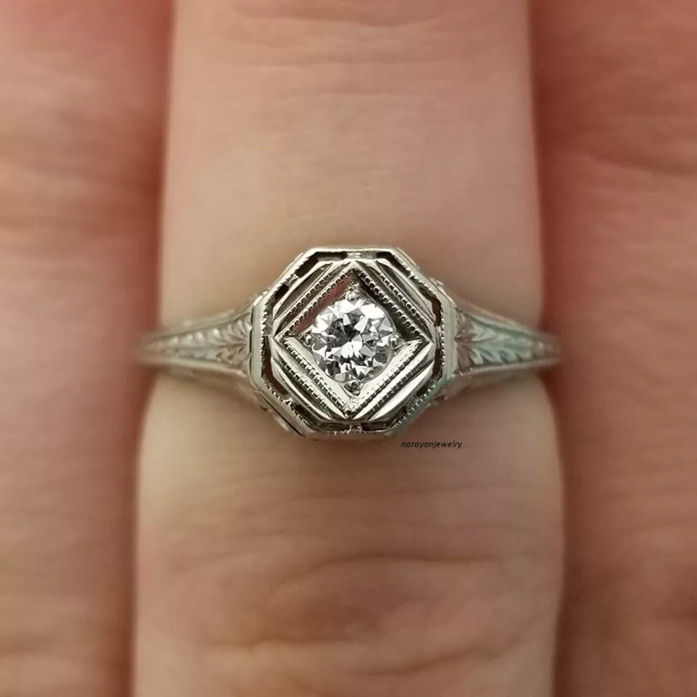 Navette Vintage 1Ct Round Cut Diamond Women Estate Ring 14K White Gold Plated
