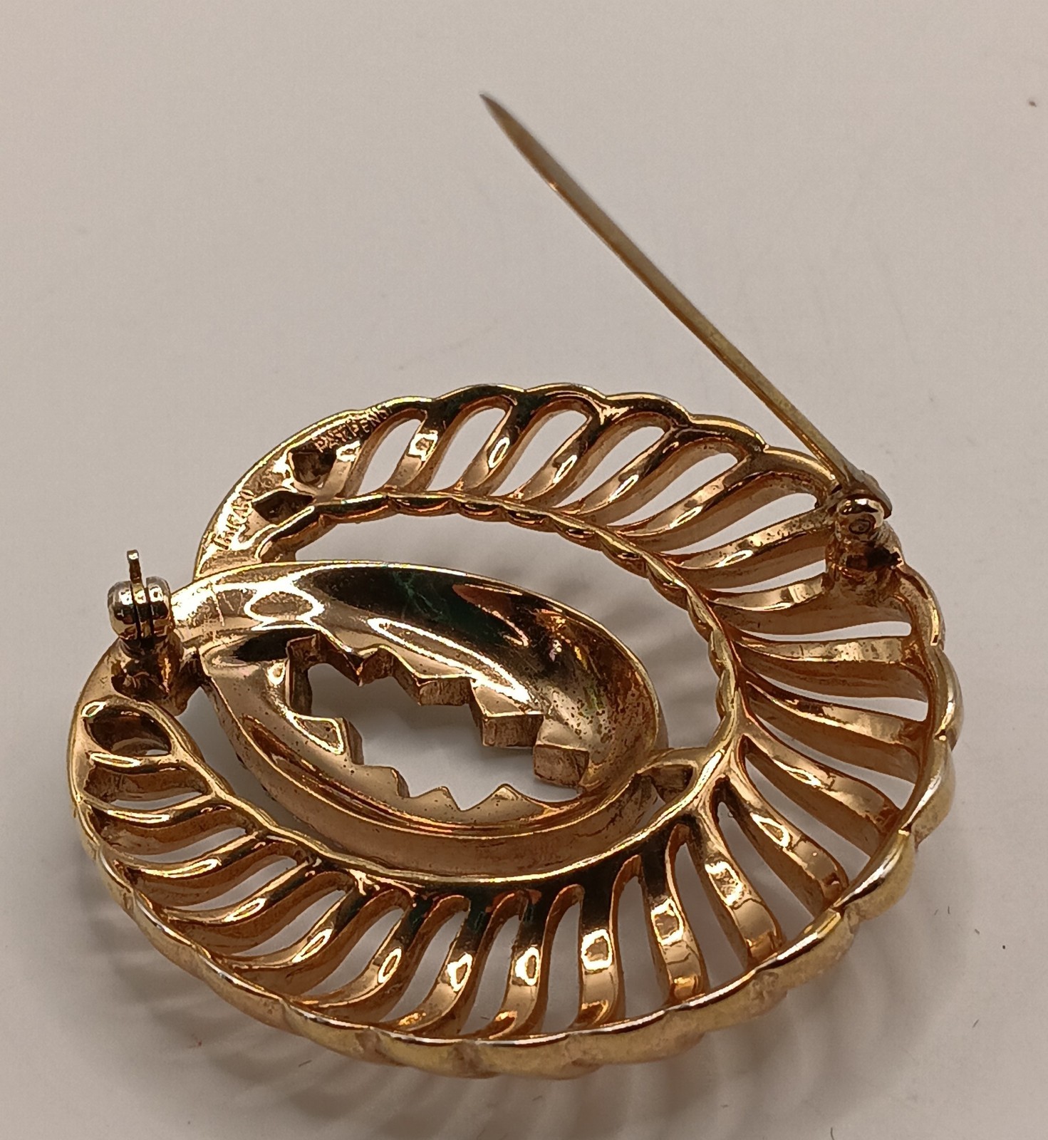 Vintage TRIFARI Pat Pend Rhinestone Swirl Brooch Pin Gold Tone Two Tone Circular