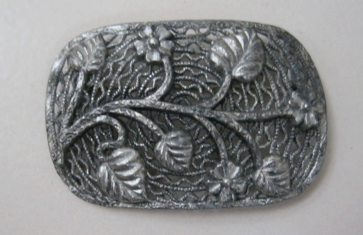 Vintage LN Little Nemo Pot Metal/Pewter Tone Floral Openwork Pin Brooch