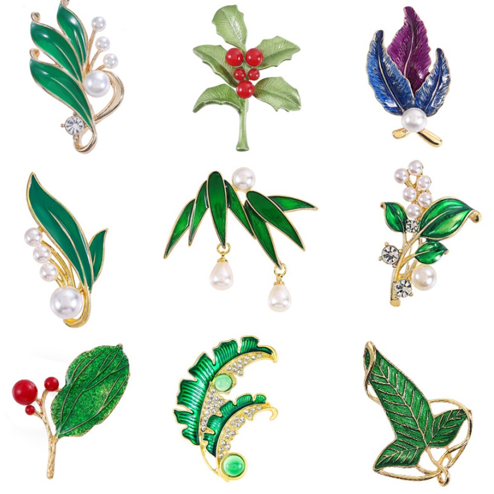 Vintage Green Color Plant Pearls Brooch Pin Flower Brooch For Women Jewelry Gift