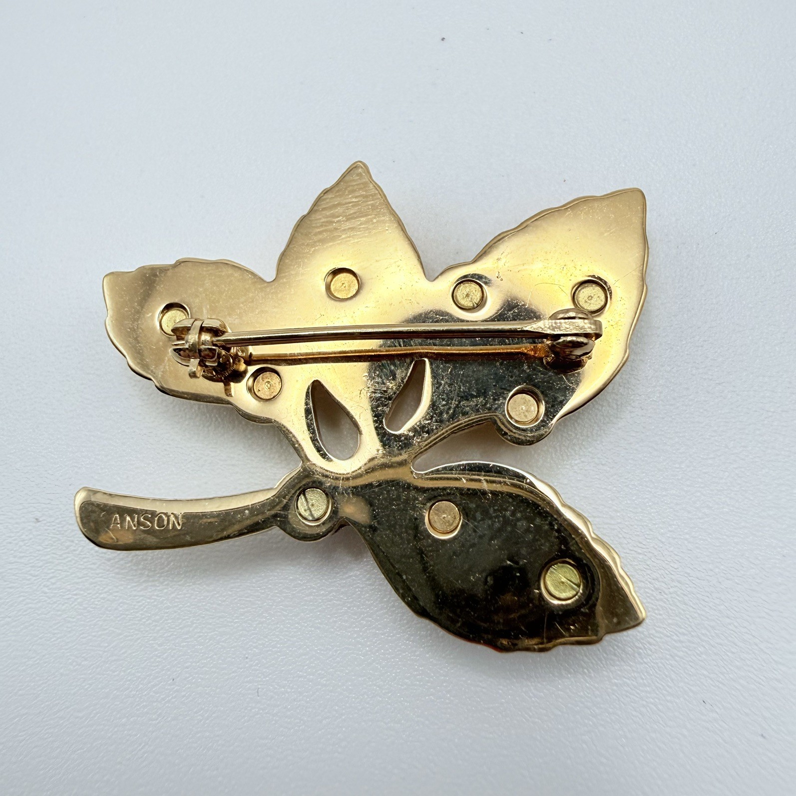 Anson Multi-Color Rhinestone Leaf Brooch Pin 1.5″ Vintage Signed Autumn