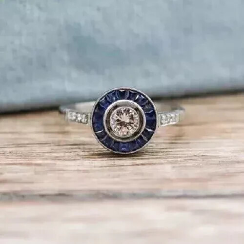 Art Deco Style Lab Created Diamond & Sapphire 14K White Gold FN Engagement Ring