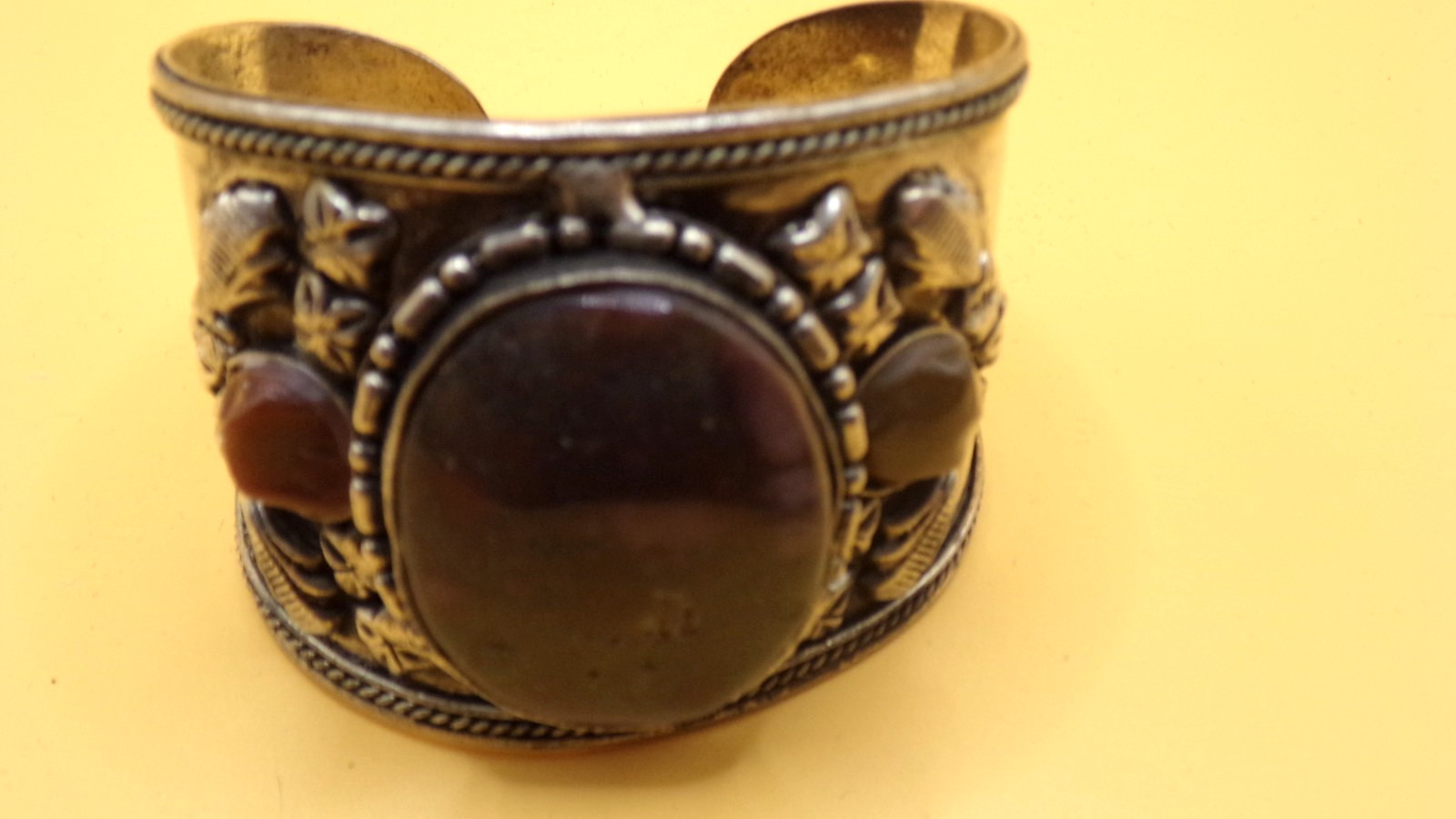 Vintage Silver & Stone Cuff Bracelet Brown Stones Nice Detail Women Southwestern
