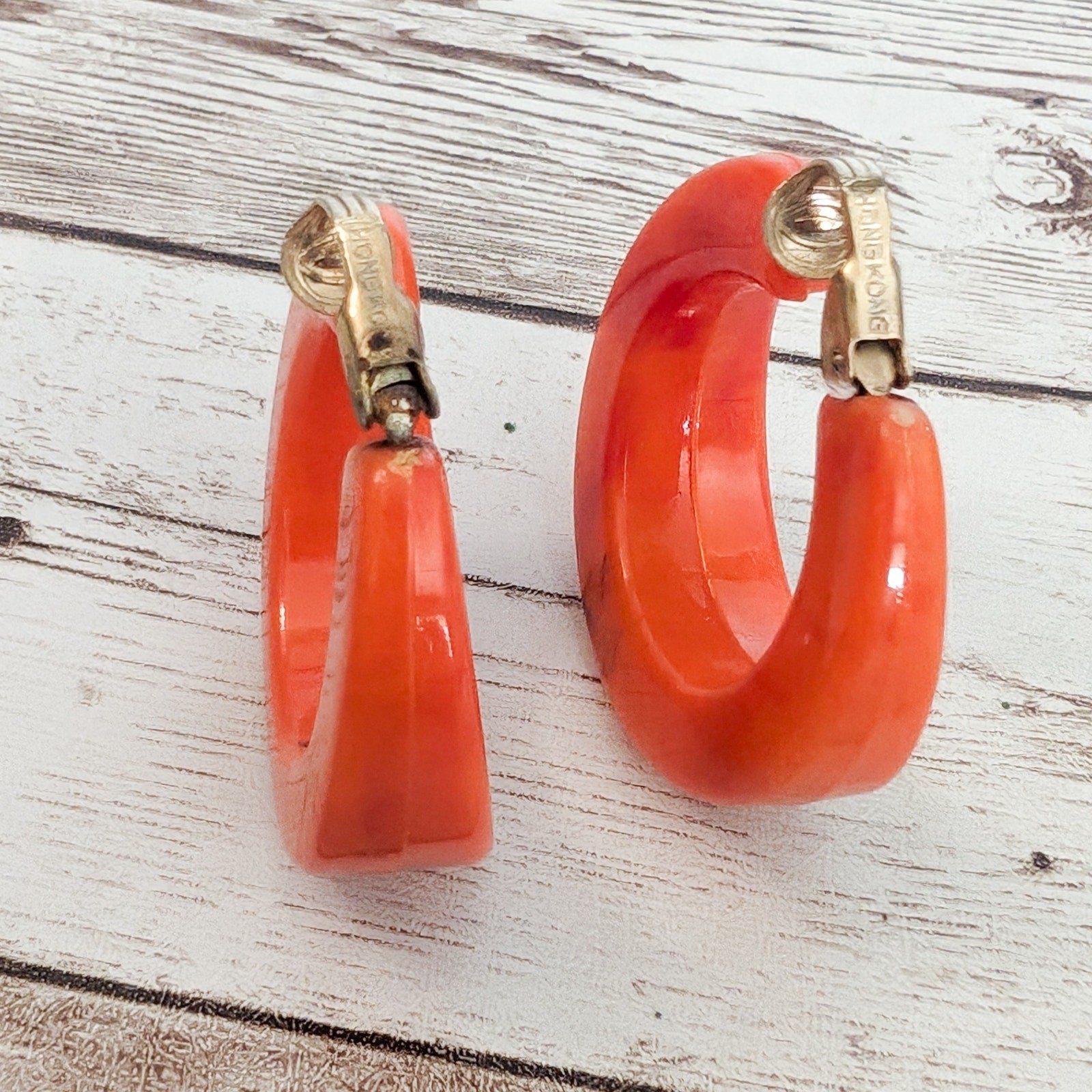 Vintage Clip On Earrings Large & Chunky Orange Hoops Stamped Hong Kong