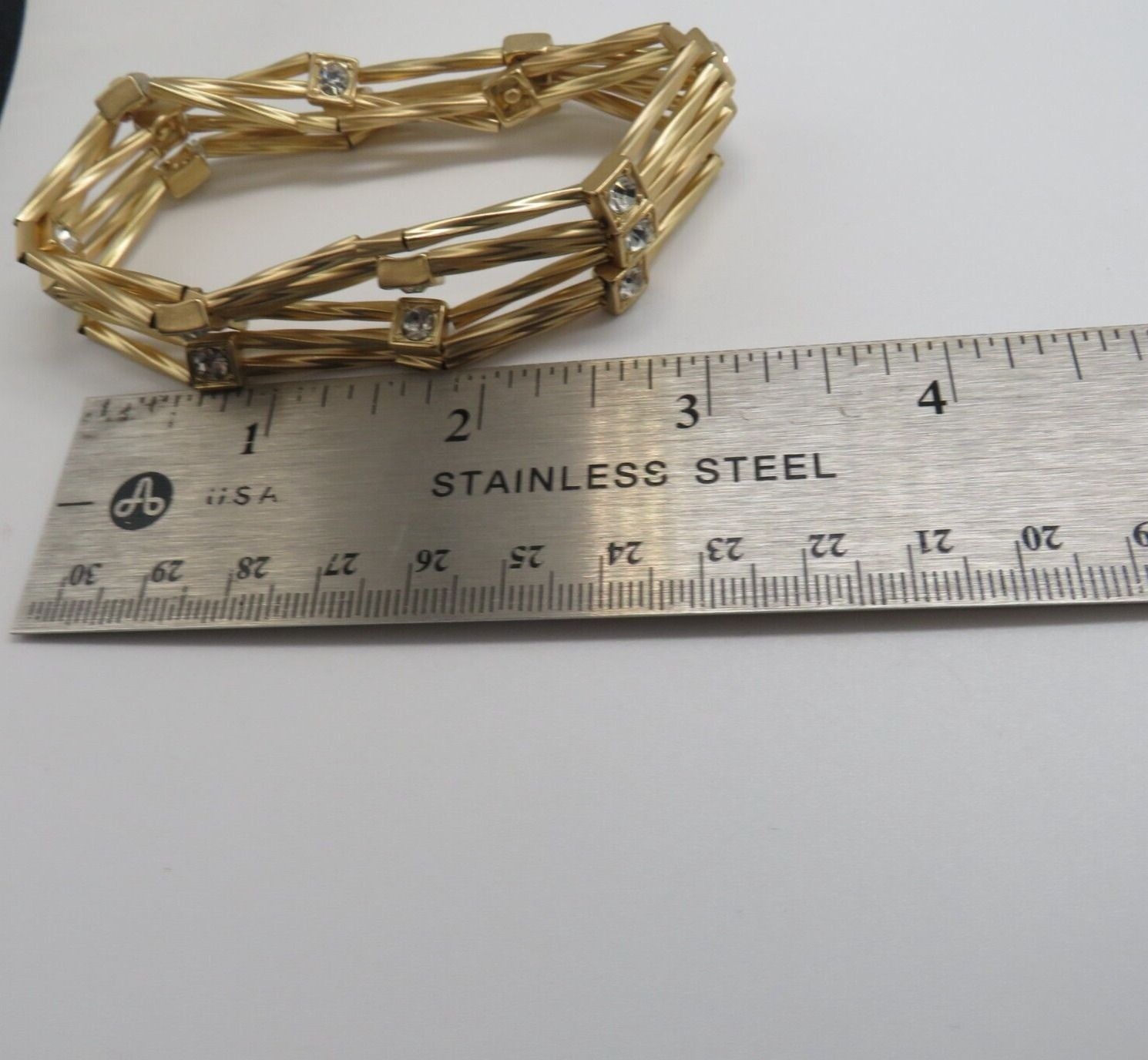 Brushed Gold Tone Stretch Bracelet Six Multi Strand Square Rhinestone Encrusted