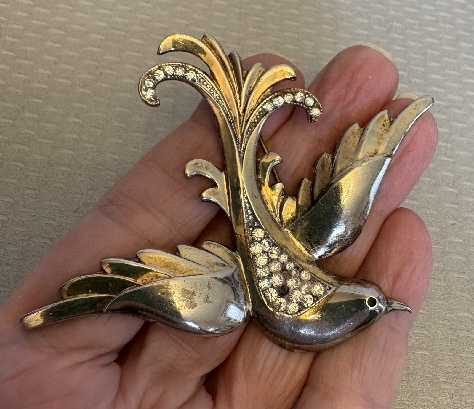 1940s Retro Vintage Sterling Gold Vermeil Rhinestone Bird Brooch 30g READ