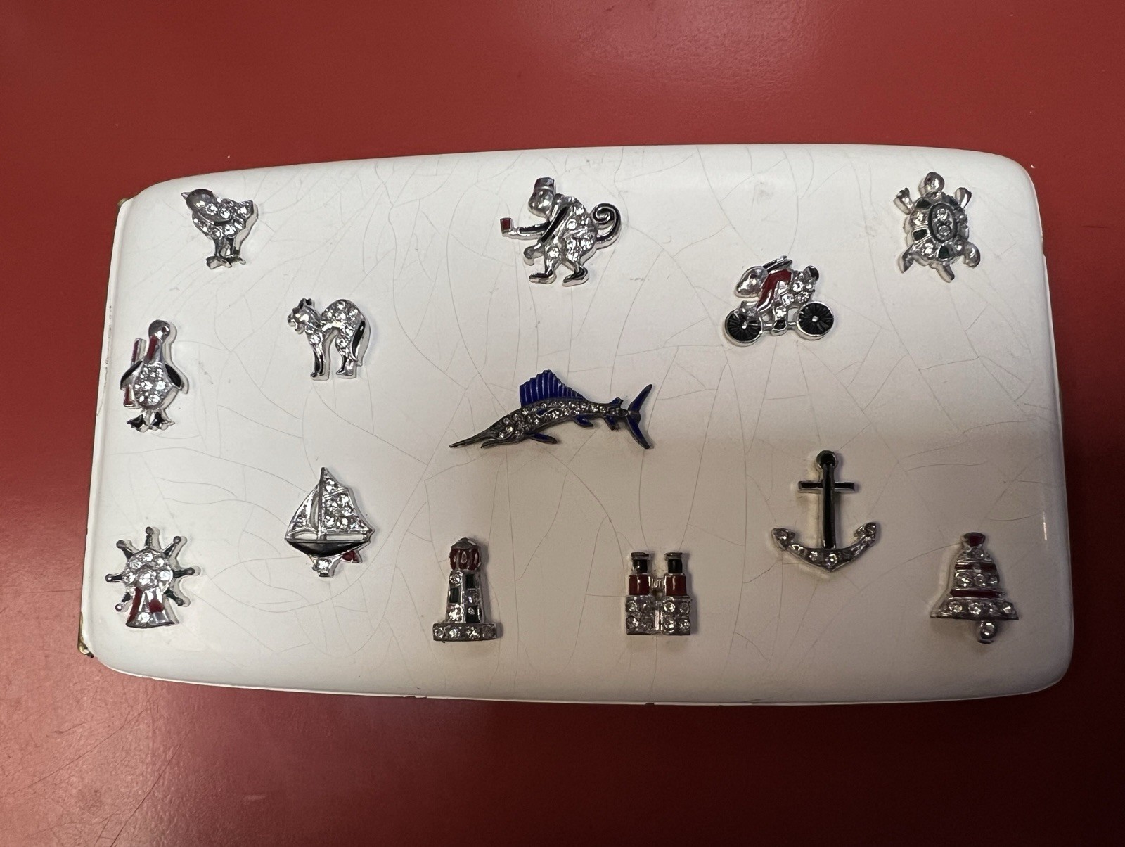 Art Deco Lg Compact Walter Lampl Trifari Applied Charms Swordfish Cat Turtle Etc