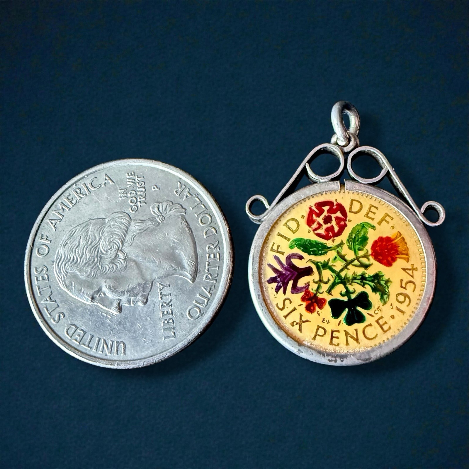 Lucky Sixpence Pendant British Coin Charm Queen Elizabeth II Vintage 1954