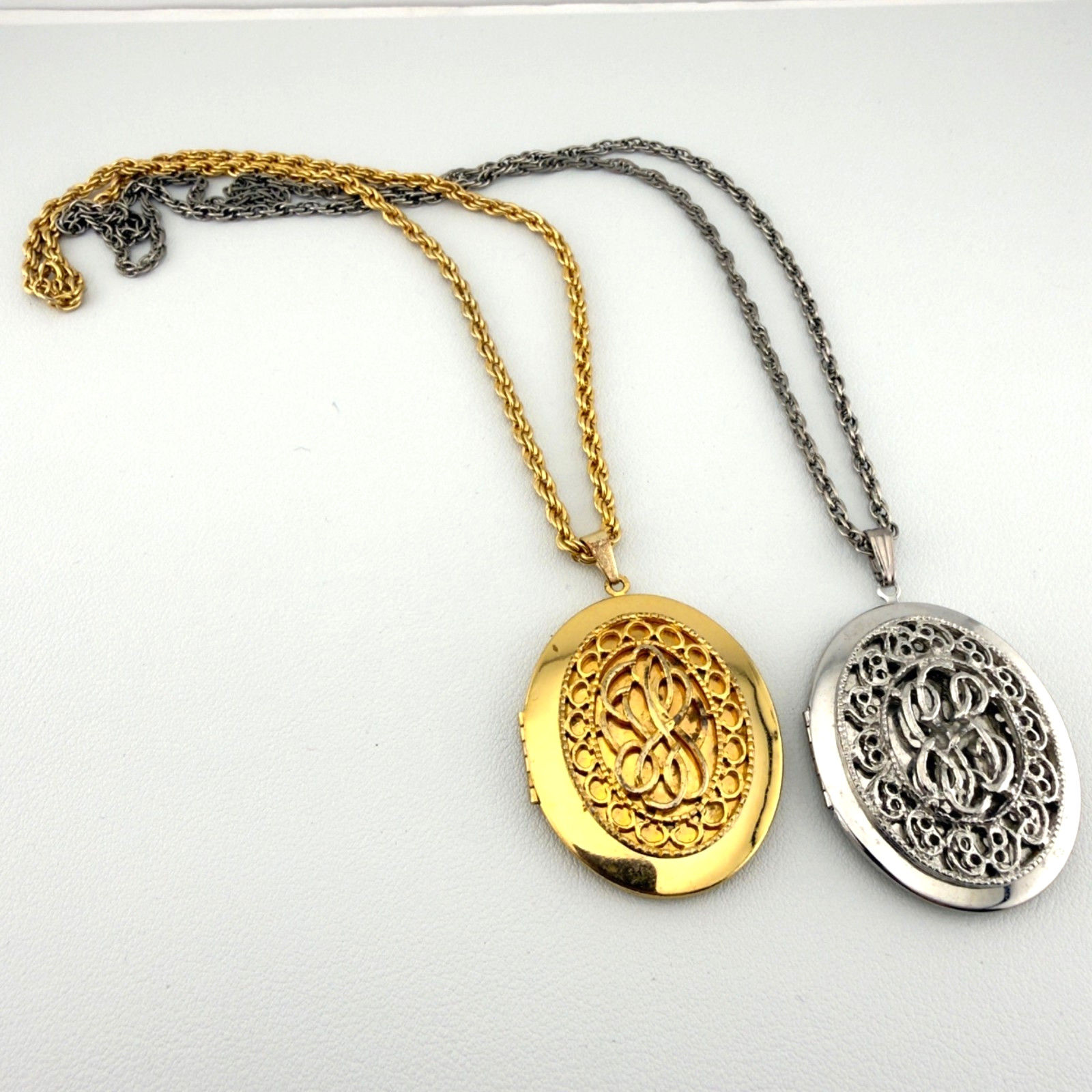 Vintage Large Oval Locket Necklace Set of 2 Gold Tone Silver Tone