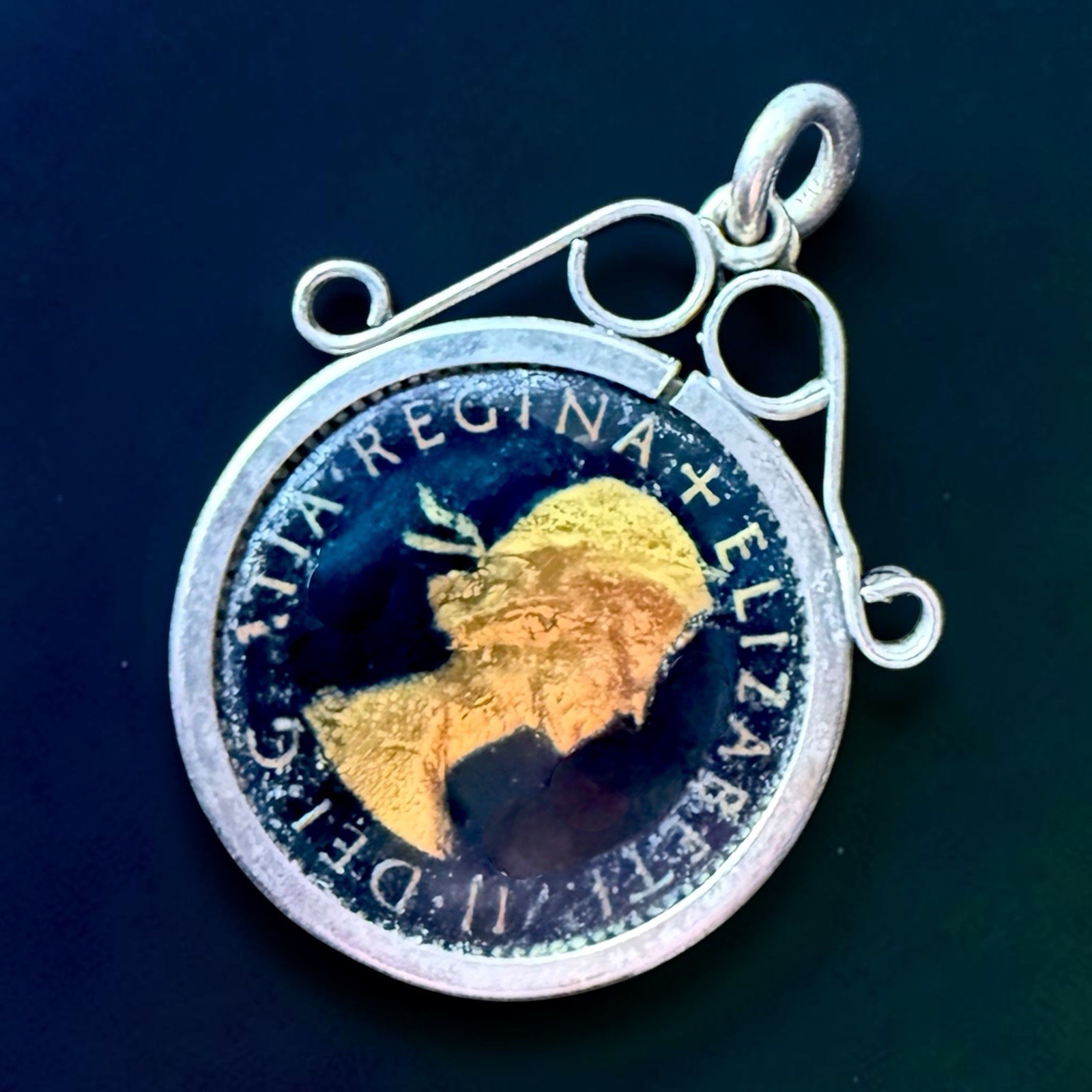 Lucky Sixpence Pendant British Coin Charm Queen Elizabeth II Vintage 1954