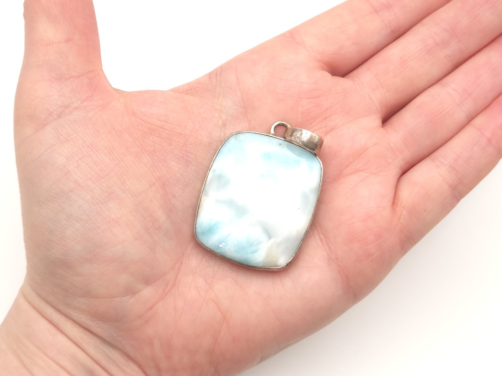 Vintage Sterling Silver Light Blue Larimar Stone Rectangle Square Large Pendant