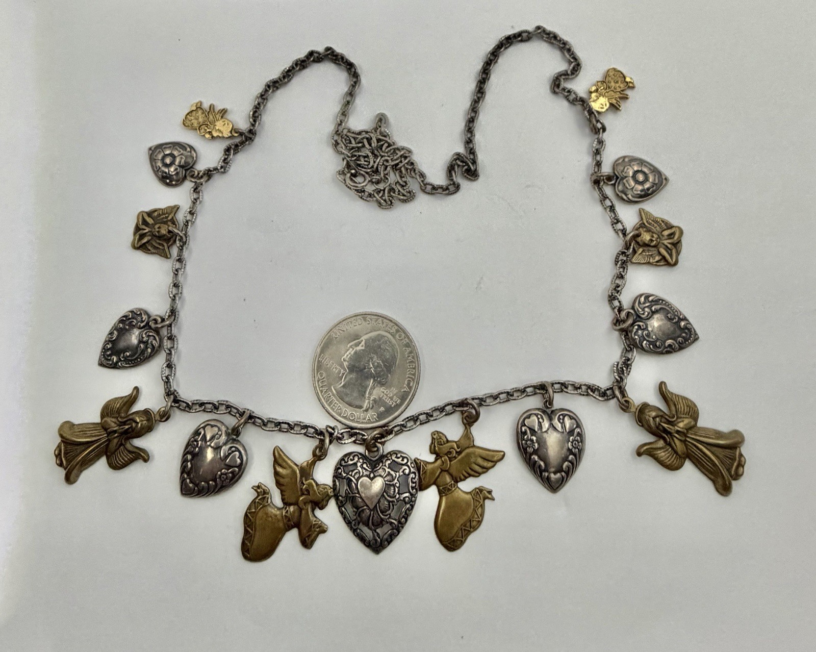 Vintage Silvertone Hearts & Goldtone Brass Angels 15 Charm Necklace 24”