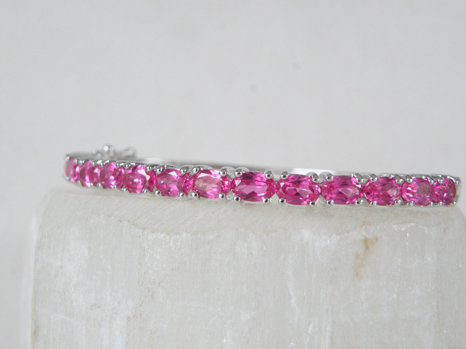 Vintage Sterling Silver 925 Lab Created Pink Sapphire Gemstone Bracelet 7.5″