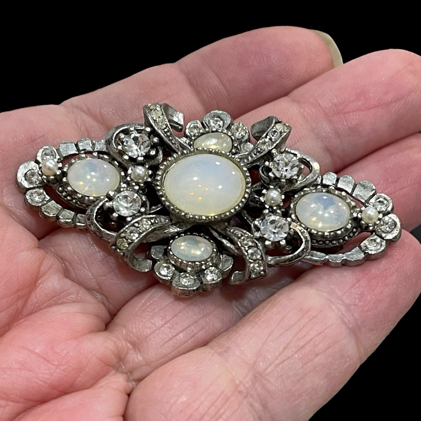 Vtg Opaline Glass Brooch Cabochon Stone Collar Pin Regal Style Antique Moonglow