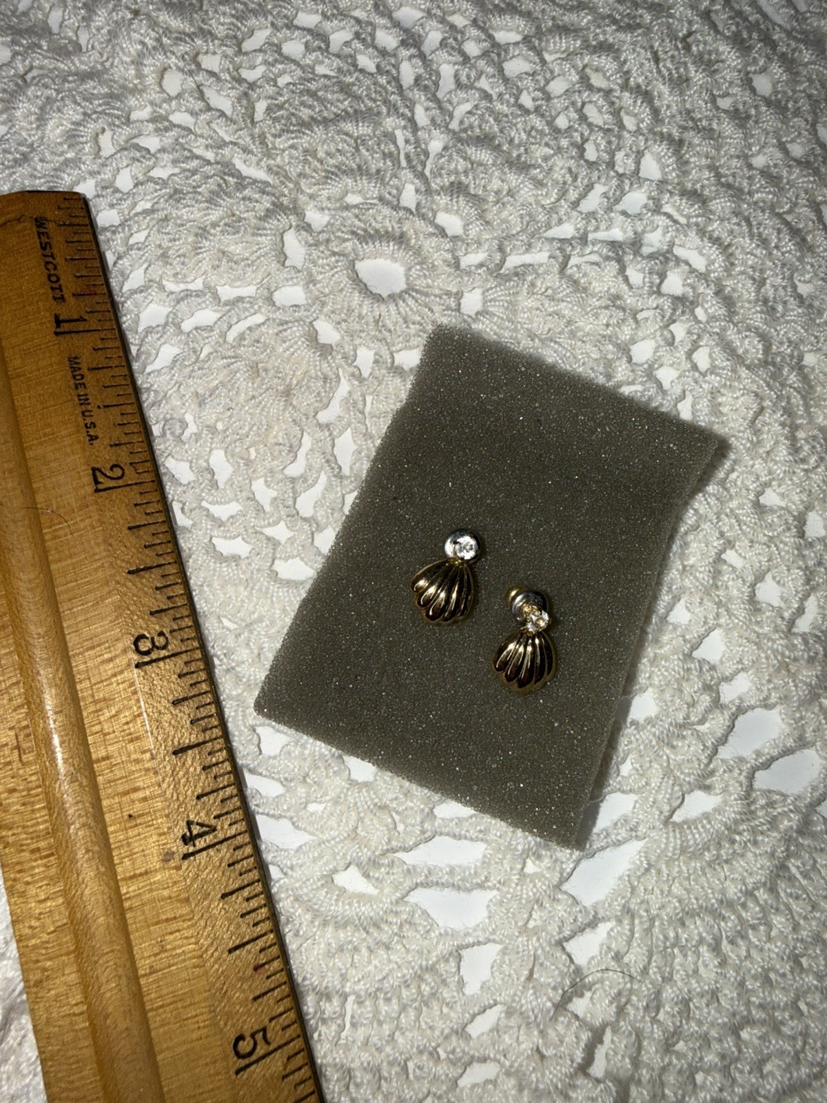 Gold Toned Shell& clear stone Post Earrings Pierced