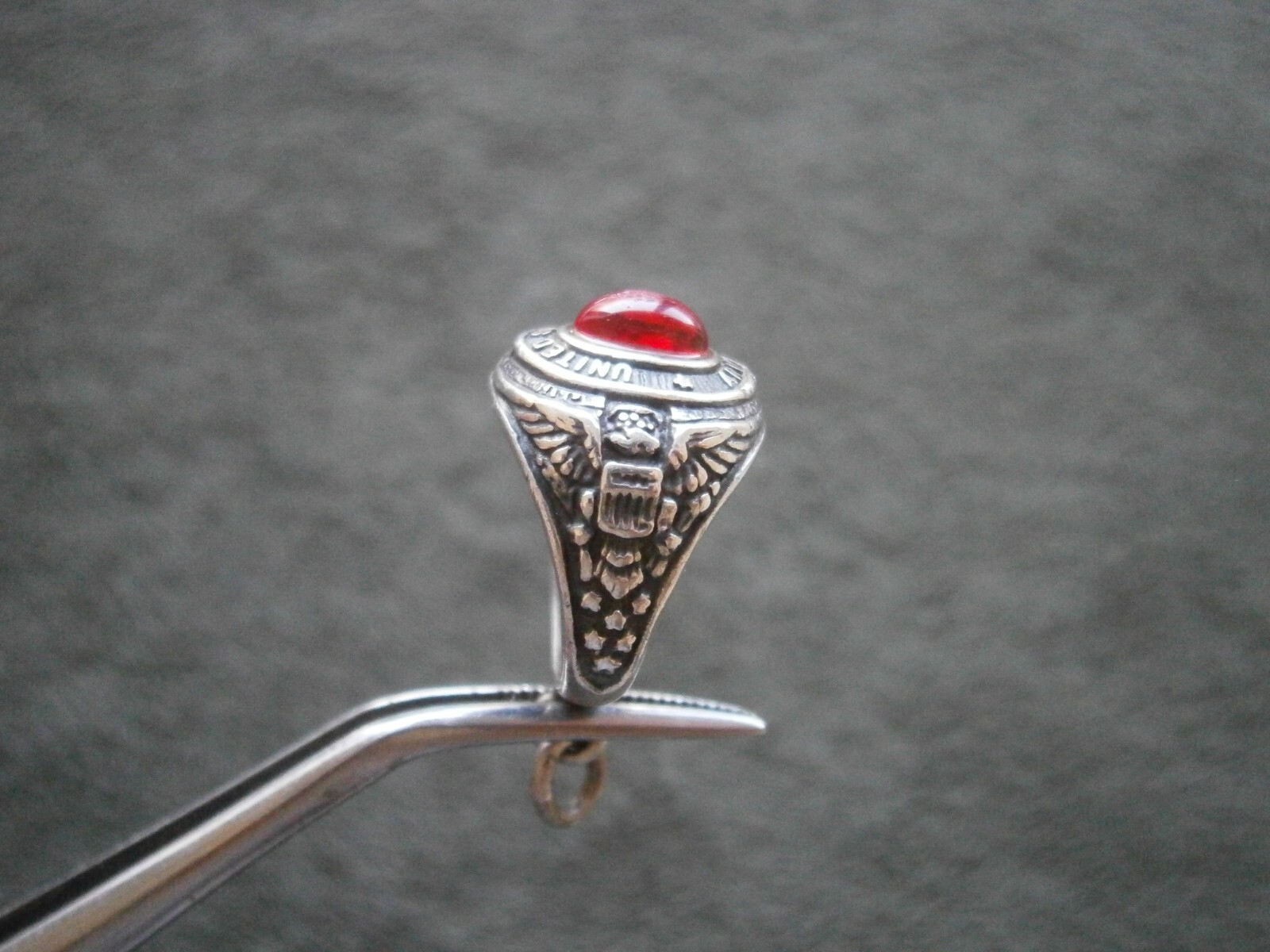 United States Army Ring with Red Stone Vintage Sterling Silver Charm Pendant 5g