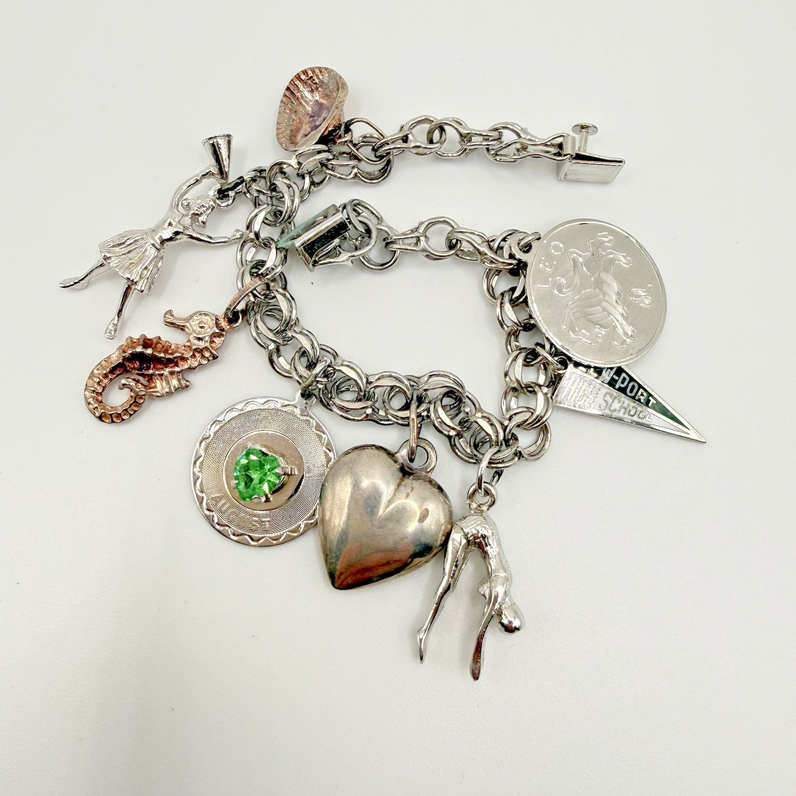 Sterling Silver Charm Bracelet Vintage Mixed Charms Heart Seahorse Cheer 30g U4