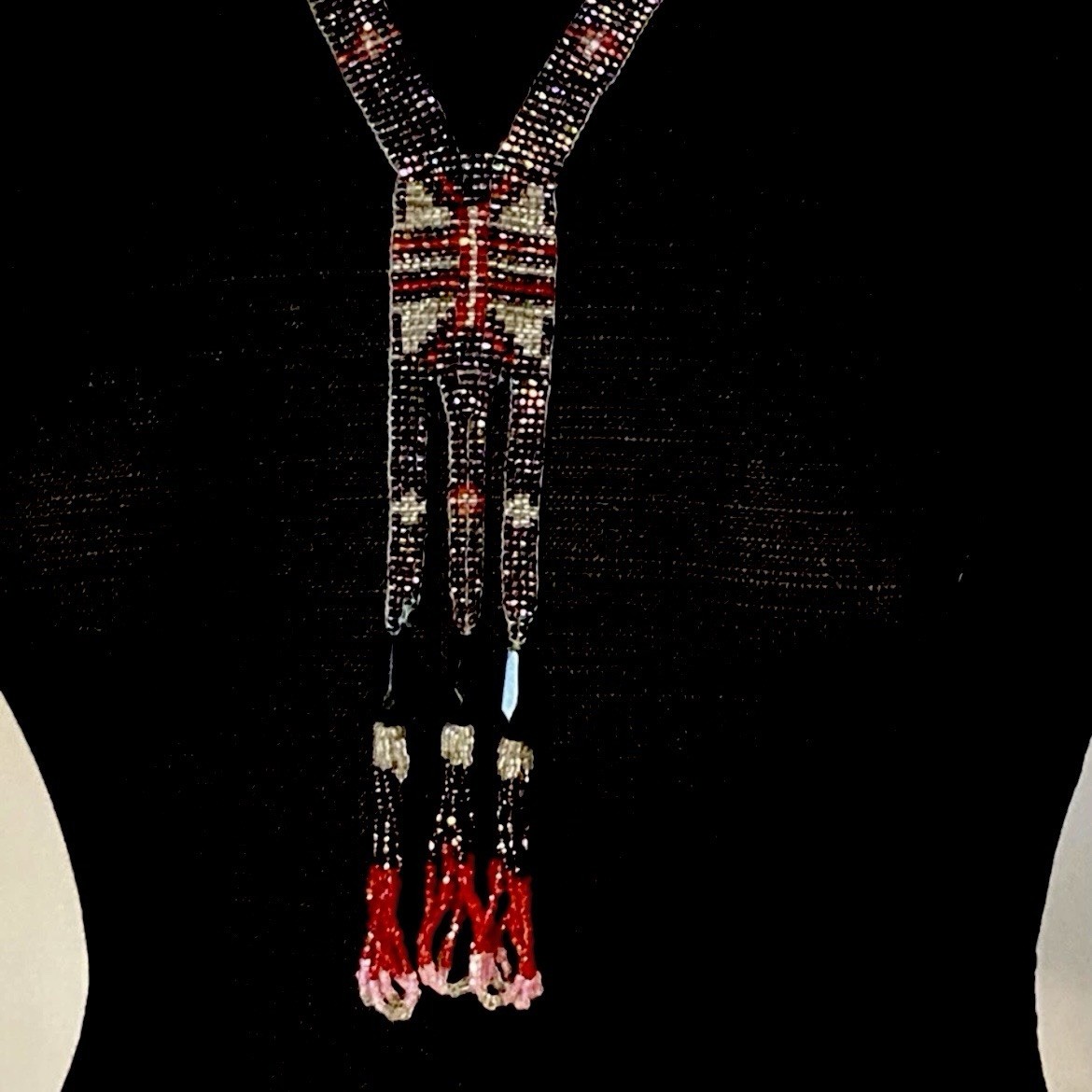 1920s Flapper Deco Sautoir Necklace, Very Good Antique Condition, Ecru/Blue/Pink