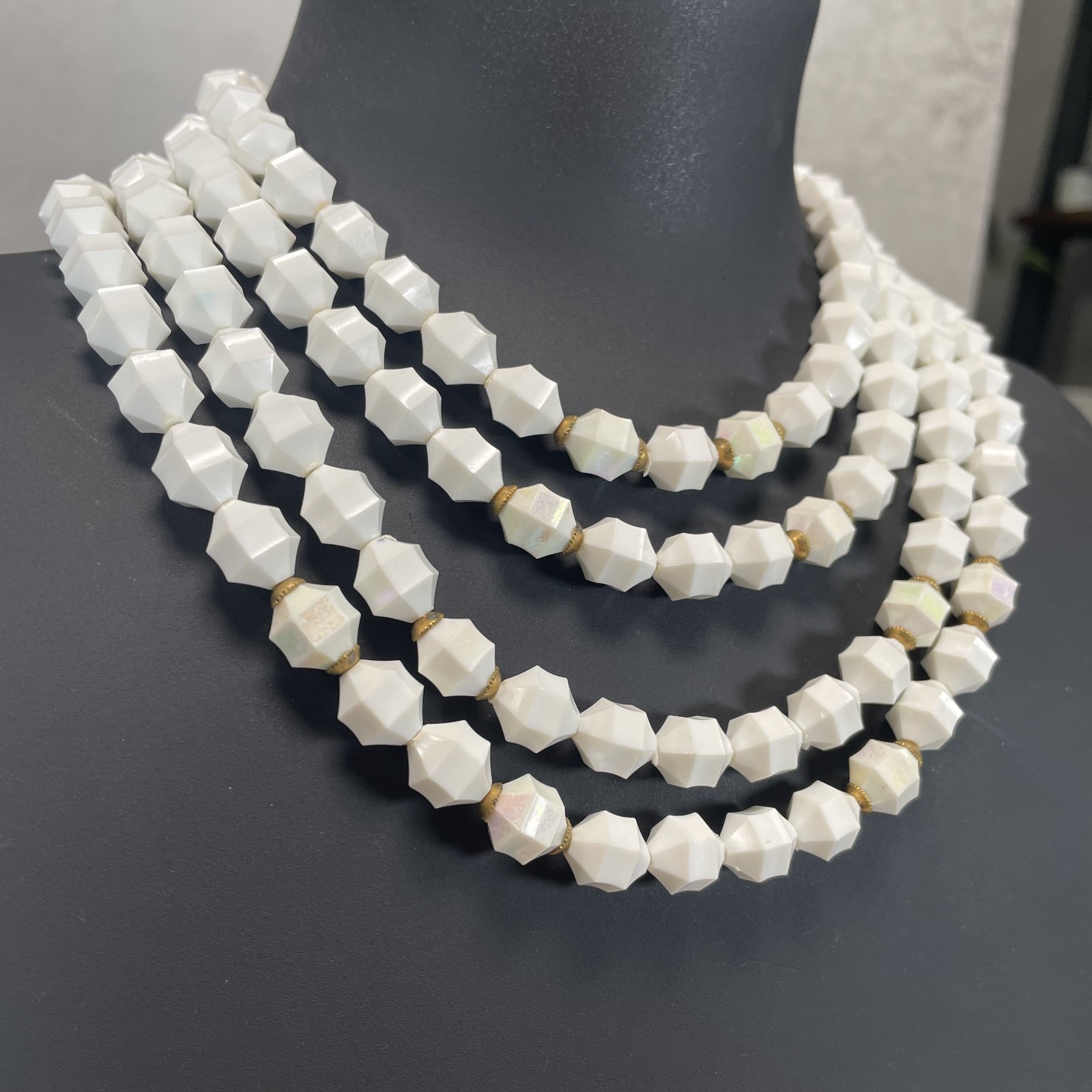 West Germany Lucite White Aurora Borealis Beads Necklace & Clip on Earrings
