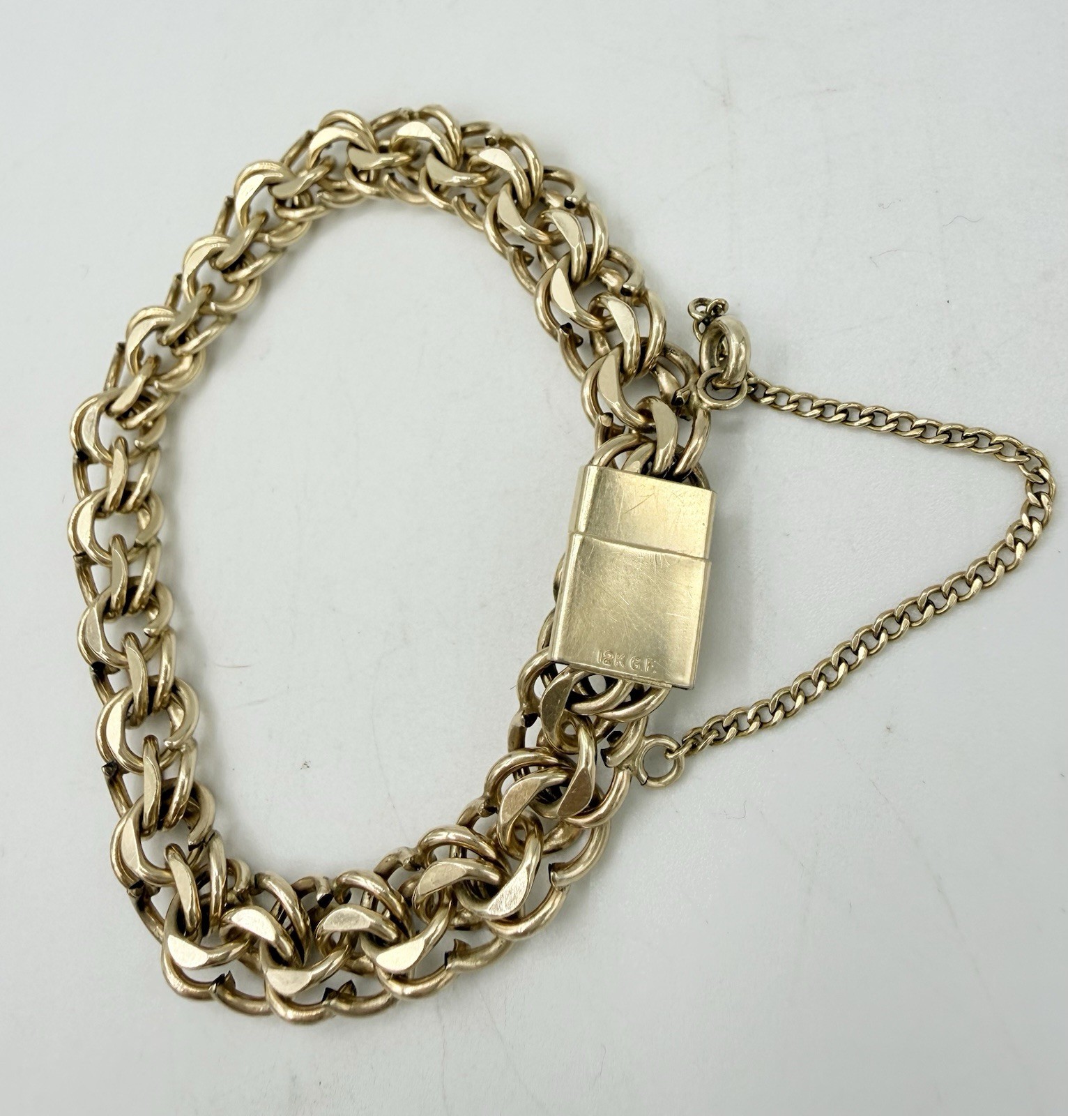 12K Gold Filled Vintage Double Link Charm Bracelet With Safety Chain 7.5in.