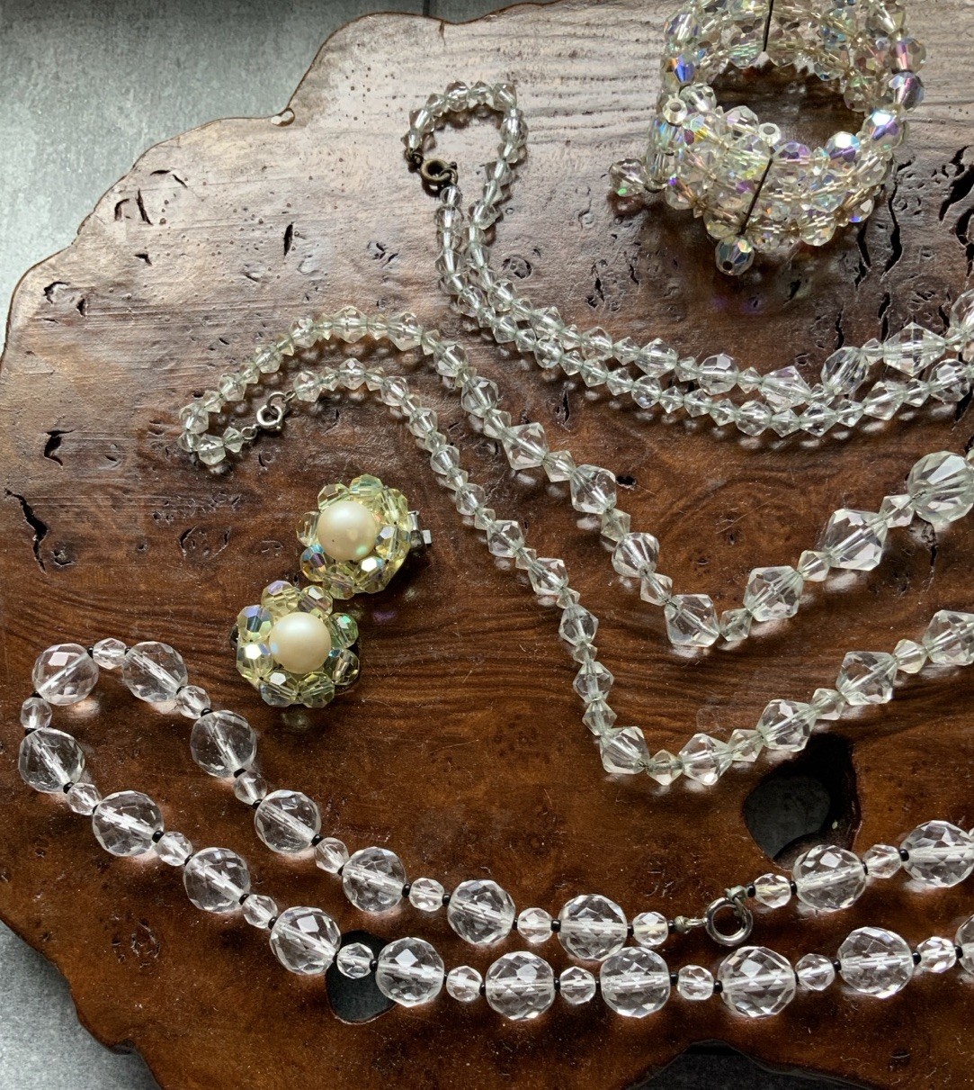 Clear Aurora Borealis Faceted Crystal Bead Rhinestone Jewelry Lot Vintage