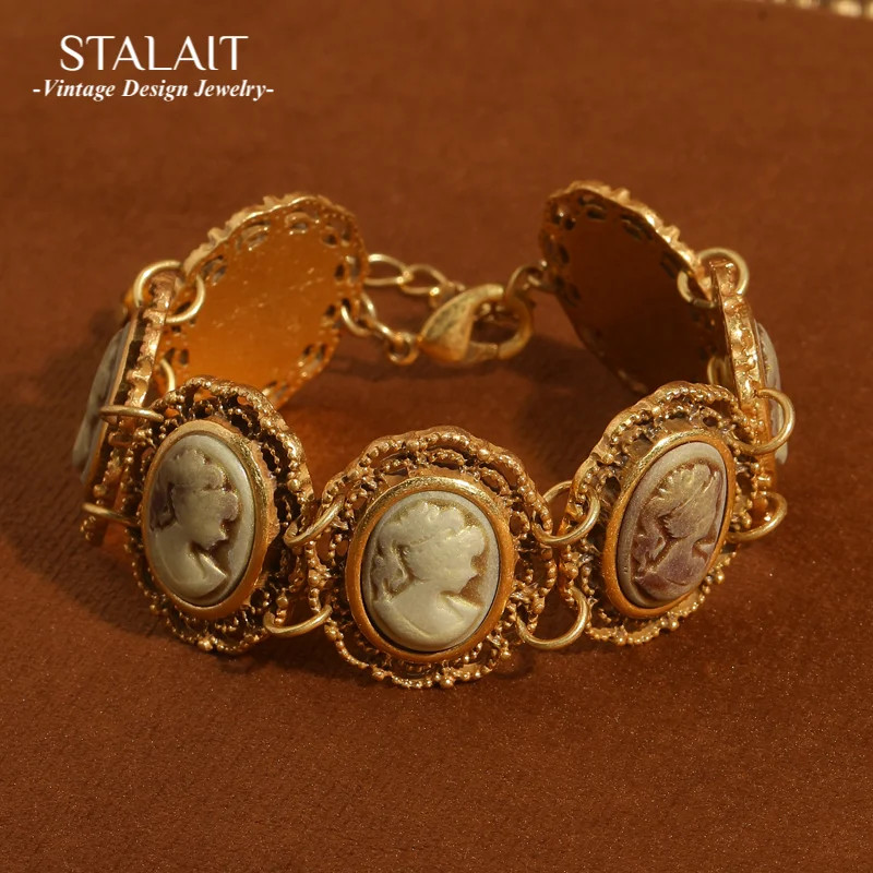 Vintage Cameo Portrait Bracelet Retro Gold Color Hollow Charm Bangle for Women